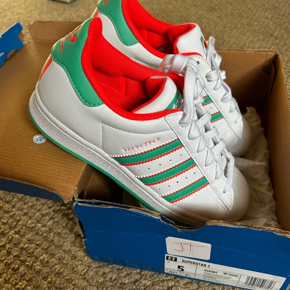 Adidas Kids Superstar White and Green Shoes